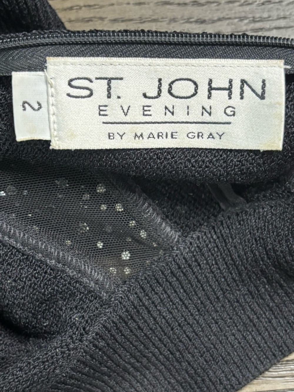 St John Black Rhinestone Knit Top Mesh Shoulder Mock Neck Size 2 - Picture 5 of 9